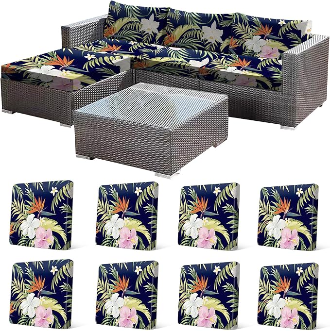 CALBODE 8 Pcs Stretch Outdoor Seat Cushion Covers, Washable Chair Seat Covers for Patio Furniture Cushions Soft Indoor and Outdoor Couch Cover Replacement (Navy Blue Botanical, Cover Only)