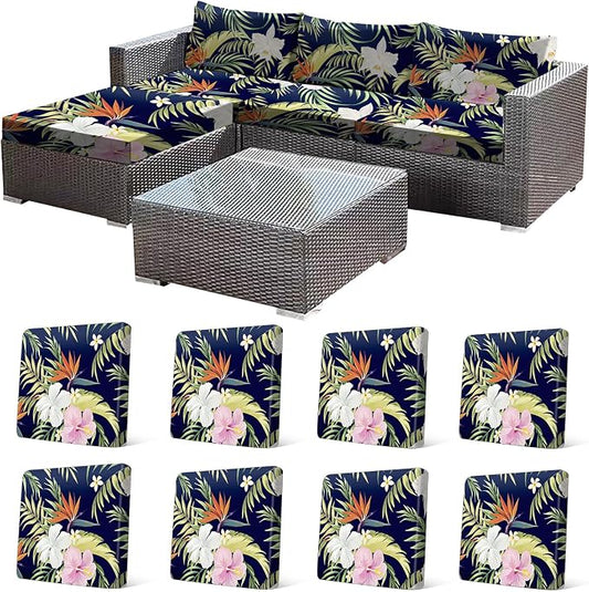 CALBODE 8 Pcs Stretch Outdoor Seat Cushion Covers, Washable Chair Seat Covers for Patio Furniture Cushions Soft Indoor and Outdoor Couch Cover Replacement (Navy Blue Botanical, Cover Only)