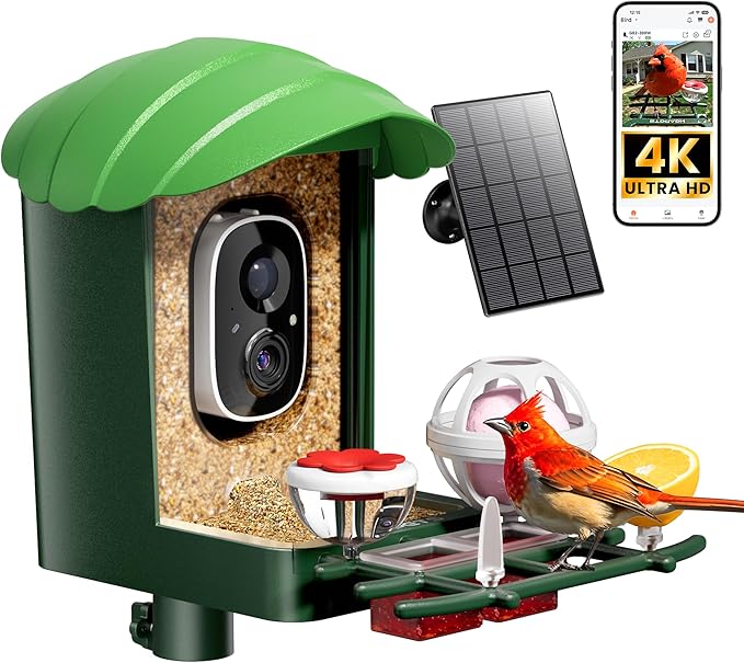 HEAPETS Smart Bird Feeder with Camera, 4K Ultra HD Live Stream, AI Species Identification, Solar Powered, Instant Motion Alerts, IP65 Weatherproof Outdoor Gifts for Bird Lovers, Green