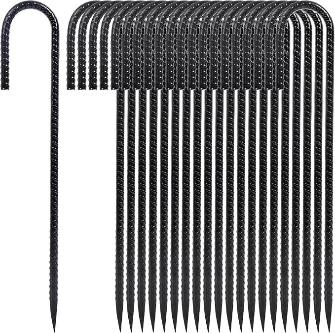Homwin 12 Inch Heavy Duty Rebar Stakes, 20-Pack Galvanized Steel J Hook Tent Stakes for Outdoor Decorations, Inflatables, Fencing, Gardening, Gazebo and Swing Set Anchors