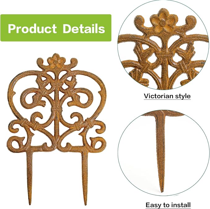Sungmor Decorative Cast Iron Garden Edging, 4 Pack Full Rusted Victorian Garden Edging Landscape Border, Vintage Metal Yard Stake Low Picket Fence, 11.8" Tall Outdoor Flower Bed Lawn Fence Panels