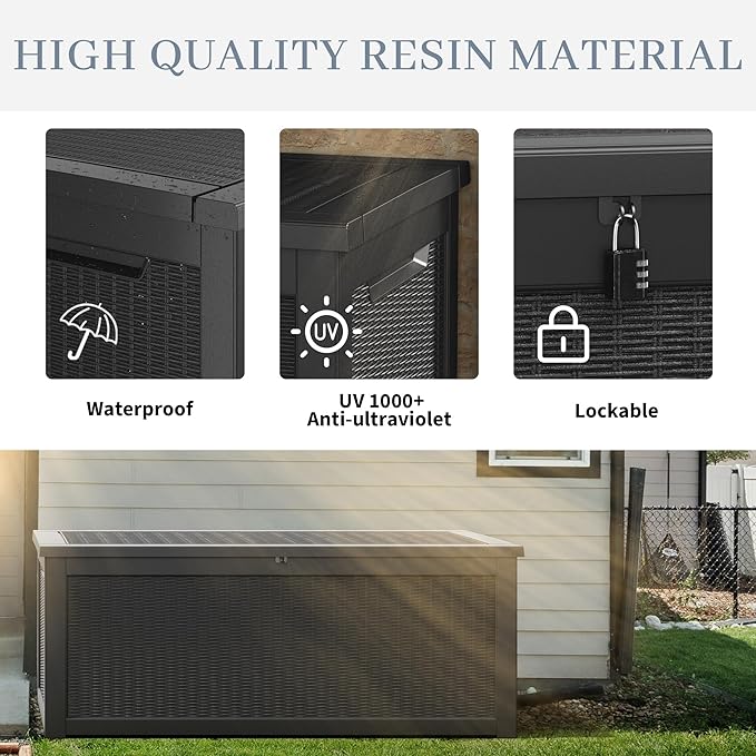 320 Gallon Outdoor Storage Box, Resin Deck Boxes Outdoor Waterproof For Patio Furniture, Garden Tools, Pool Supplies, Lockable And UV Resistant (Rattan Black)