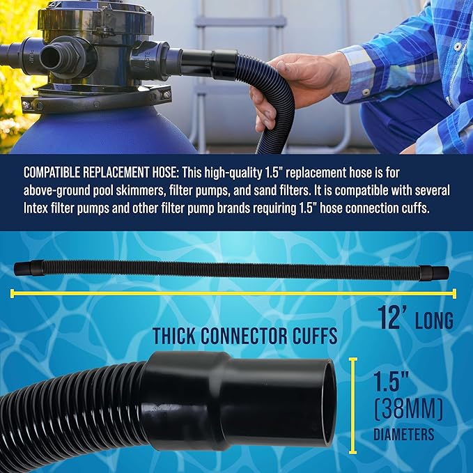 U.S. Pool Supply 12 Foot Heavy-Duty Above Ground Pool Hose, 1.5" - Black Replacement Filter Connecting Hose, Flexible Spiral Wound EVA - Compatible with Intex for Pool Filter Pumps -Skimmer Pump