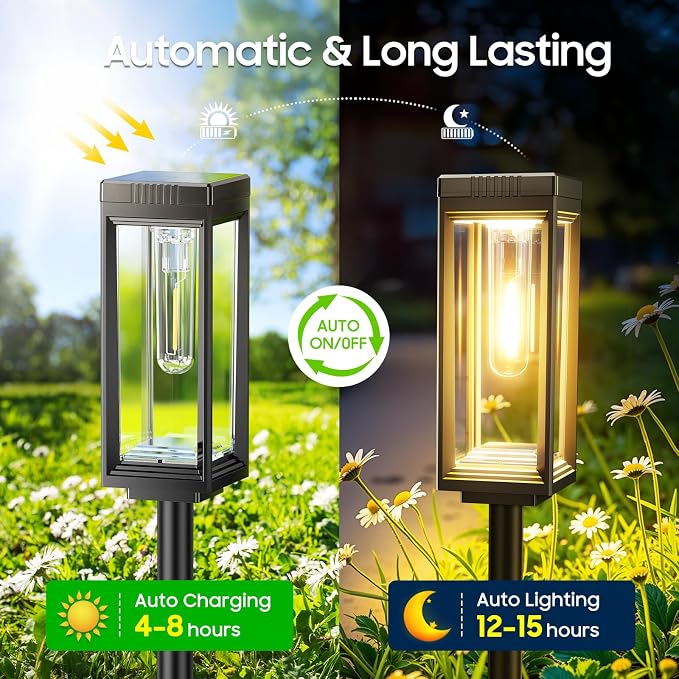 Tall Solar Pathway Lights Outdoor Waterproof, Bright Garden Lights Solar Powered, Auto On/Off, Up to 15Hrs Outdoor Light for Path Yard Walkway Driveway Patio Lawn Decor Landscape, 8 Pack