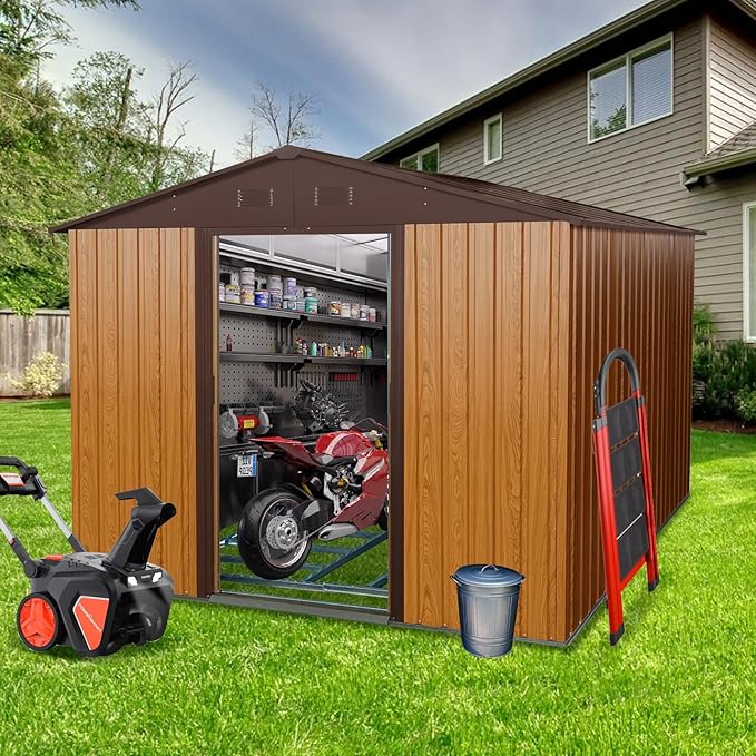 KEIKI 8x10 FT Outdoor Metal Storage Shed with Peaked Roof,Vents and Lockable Door for Garden Yard