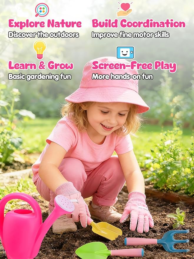 Biubee Pink Gardening Tools Set for Girls - Sturdy Kids Watering Can Toy Set with Metal Shovel Hand Rake Kids Gloves, Toddler Gardening Kit Garden Toys for Outdoor Beach Sand Toy Gift