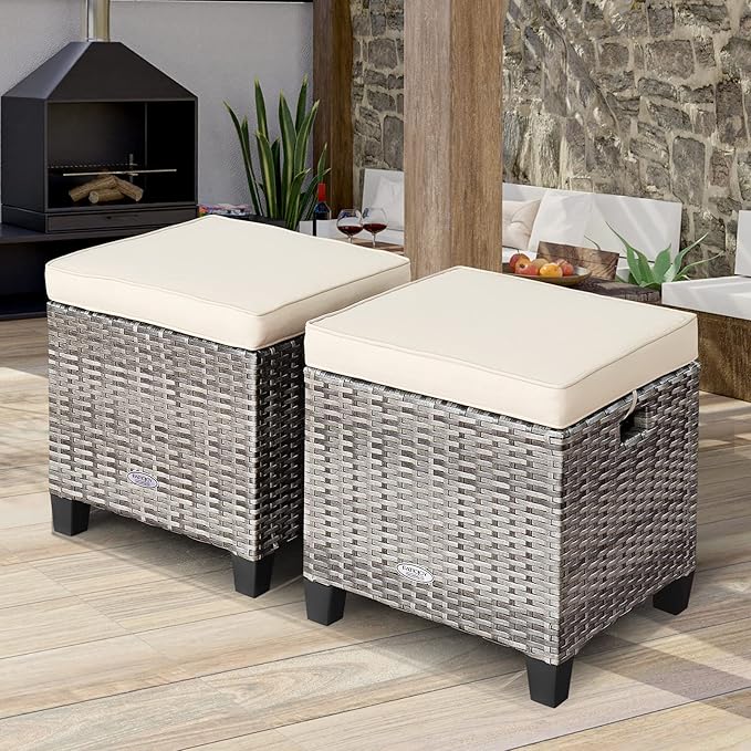 Tangkula 2 Pieces Patio Rattan Ottomans, Outdoor Wicker Footstool Footrest Seat with Soft Cushions and Steel Frame, All-Weather Patio Ottoman Set for Backyard Garden Poolside