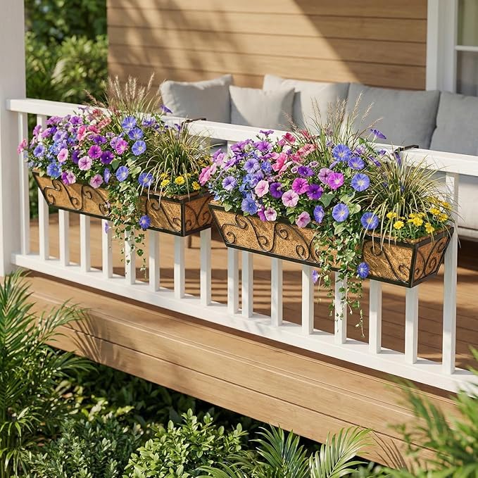 2PCS 30 Inch Railing Planter with Adjustable Brackets, Window Box with Coco Liner, Hanging Flower Box for Balcony Deck Fence, Metal, Black
