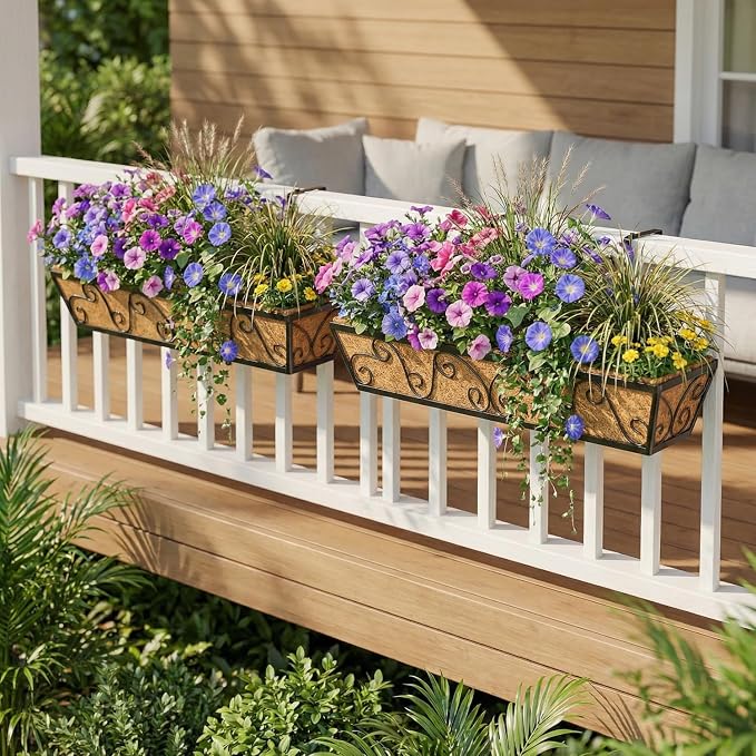 6PCS 30 Inch Railing Planter with Adjustable Brackets, Window Box with Coco Liner, Hanging Flower Box for Balcony Deck Fence, Metal, Black