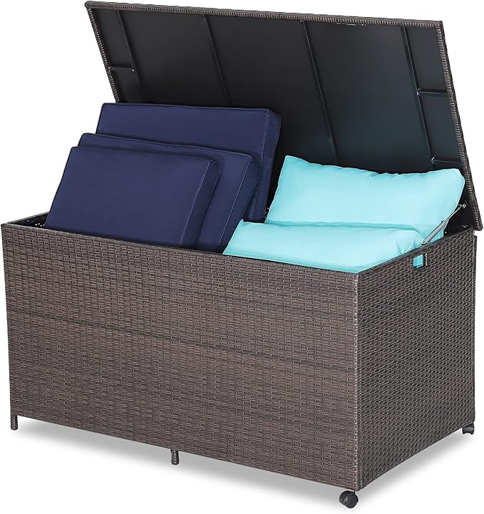 HAPPYGRILL 133 Gallon Outdoor PE Wicker Storage Box Rattan Deck Container with Waterproof Liner and 2 Universal Wheels, Garden Furniture Container Box for Cushions Garden Tools