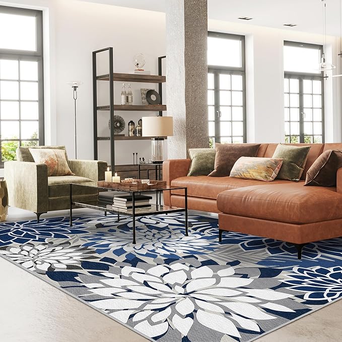 5x8 Outdoor Area Rug Washable Multicolored Patio Rug Tropical Botanical Floral Chenille Waterproof Outdoor Carpet for Living Room, Deck, Backyard, Porch, Blue