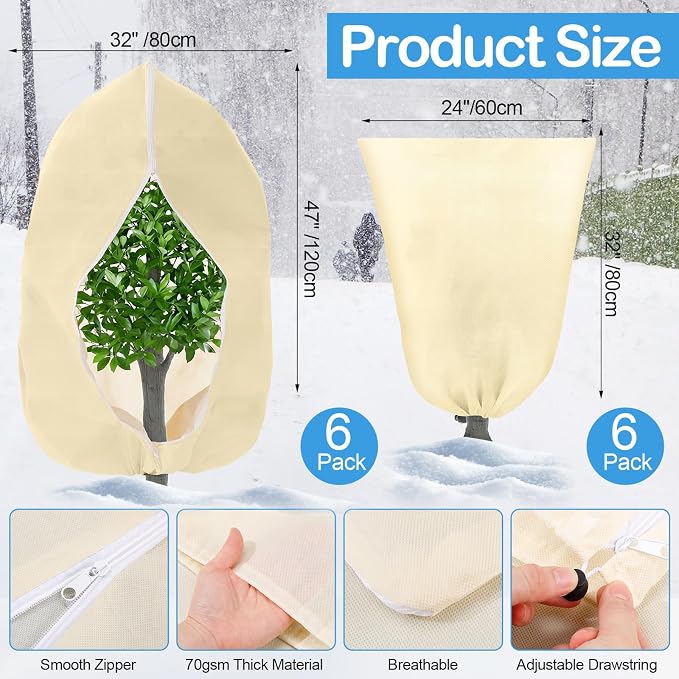 12 Pack Winter Plant Covers Freeze Protection 2 Size 47" x 32" and 24" x 32" Winter Frost Cloths Blankets with Zipper Drawstring Tree Covers for Outdoor Plants Shrubs Potted Trees(Beige)