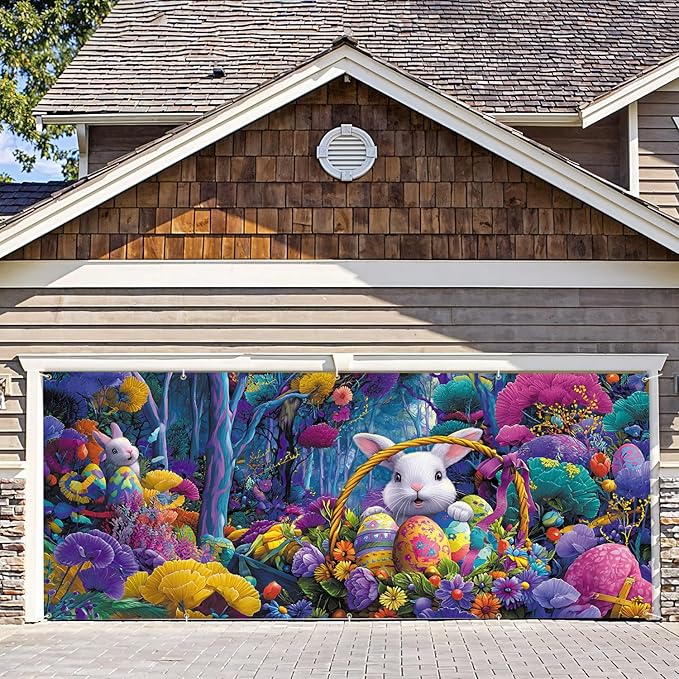 7 * 16FT Summer Garage Door Cover Decorations Sunset Palm Trees Garage Door Banner for Outdoor Indoor Summer Party Photography Backdrop (easter bunny, 7 * 16 ft)