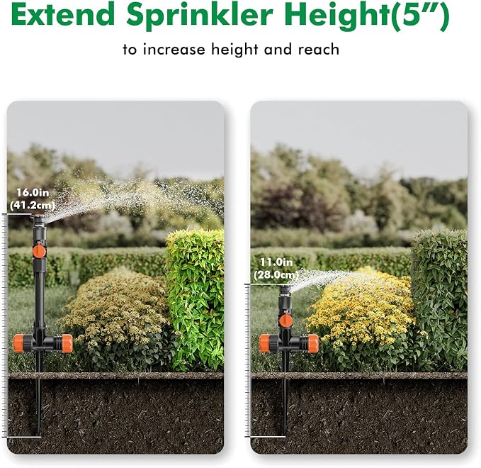 RESTMO Above Ground Sprinkler System,Irrigation Sprinklers for Yard,Orange | DIY Flexible Metal Spike Sprinkler, Tool-Free, Adjustable Angle/Flow, 3 Sprinklers & 30ft Hose, Ideal for Plants & Gardens