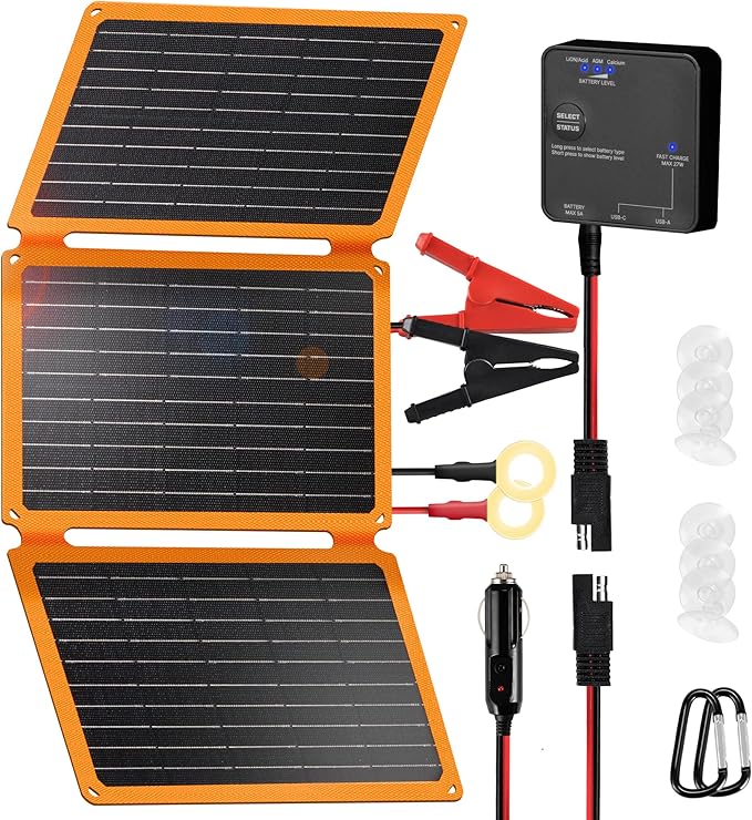 FieryRed 30W 12V Solar Panel Car Battery Charger & Maintainer, Portable Waterproof Trickle Charger with Built-in Controller, Cig Plug, Alligator Clips, USB-C, USB-A Outputs for Car, Boat, RV, Tractor
