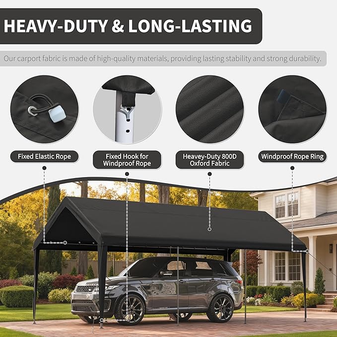 Carport Replacement Canopy Cover 10'x20' for Tent Top Garage Shelter Cover, 800D Heavy Duty Oxford Waterproof & UV Protected Car Canopy Tarp with Ball Bungees (Frame is not Included)