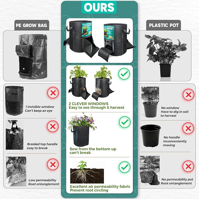 [Upgraded] 4PCS 20-Gallon Potato Grow Bags with Unique Harvest Window, Visible Window, Garden Planting Bag with Reinforced Handle, Nonwoven Fabric Pots for Tomato, Potato Growing Container - Black