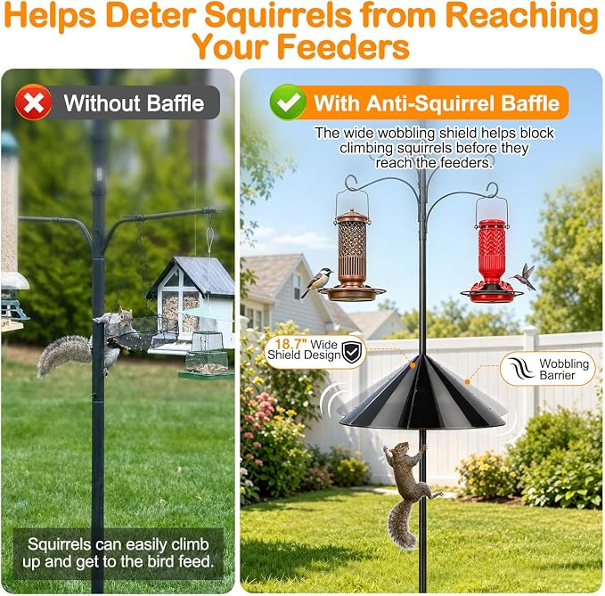 tinnmao Bird Feeder Pole 100 Inch with Squirrel Baffle and 4 Feeder Hooks | Heavy Duty Adjustable Bird House Pole with Top and Side Mount for Smart Feeders, Bluebird Houses, Yard and Garden