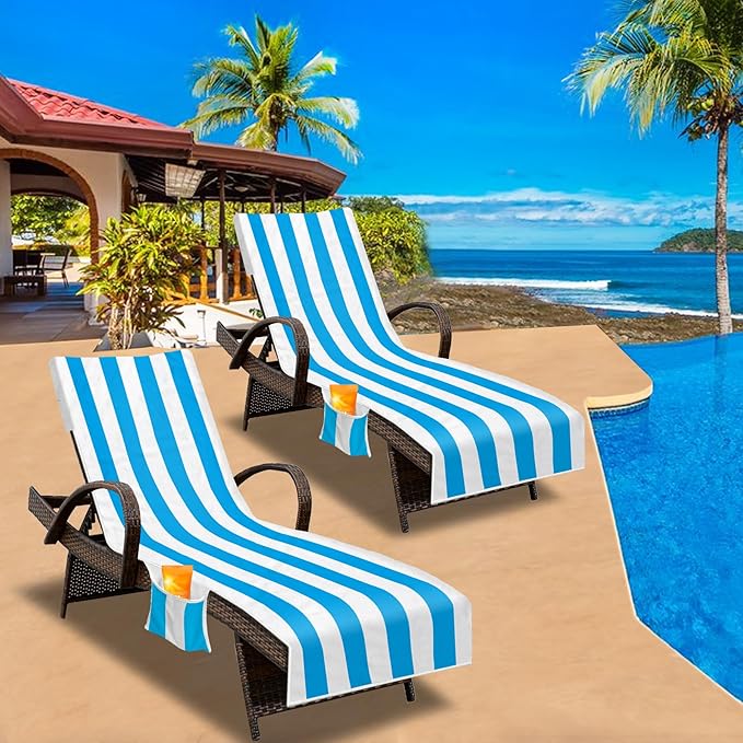 Lounge Chair Towel Cover, Beach Chair Cover (Pack of 2), Pool Lounge Chair Covers for Outdoor,Garden, Beach,Sun Lounger,Hotel Pool, 85" X 30"Large Size and No Sliding, Light Blue Stripe