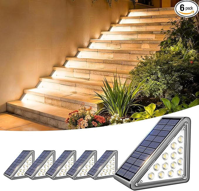 Solar Step Light Outdoor Stair Lights, Deck Lights Outdoor Powered IP65 Waterproof, 3000K Warm White Solar Outdoor Step Light, Decor for Stair, Deck, Step, Porch and Outside Patio, 6 Pack