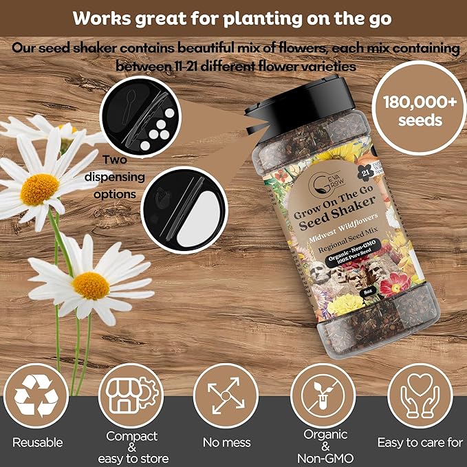 on the Go Seed Shaker - Midwest Wildflower Seeds Regional Mix - Organic, Non-GMO - 100% Pure Seed - 21 Different Wildflowers Seeds of Annual and Perennial, 8oz