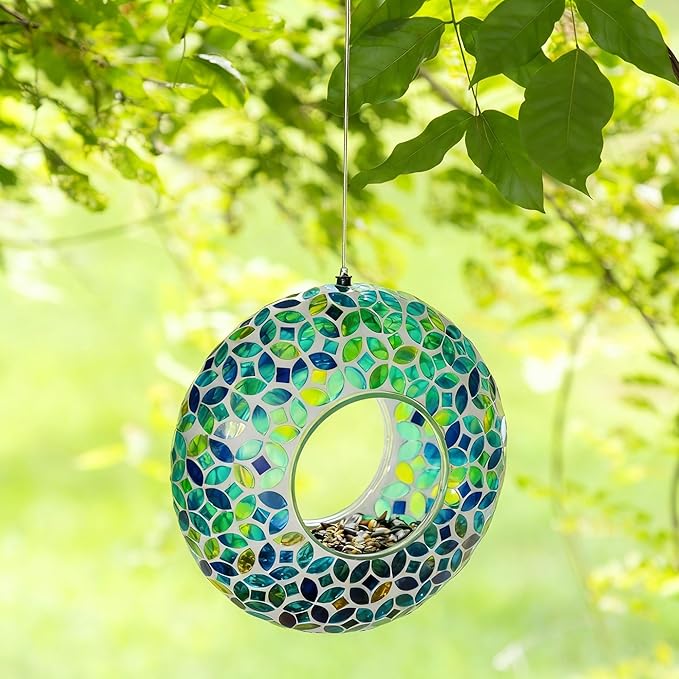 Glitzhome 8''D Hanging Glass Bird Feeder, Round Fly Through Wild Bird Feeder for Outdoors,Blue/Green Mosaic Birdfeeder for Garden, Yard, Backyard, Deck and Porch Decor