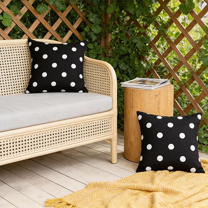 SquarePie Pack of 2 Outdoor Pillow Covers, Waterproof Decorative Throw Pillowcase Shell, Garden Cushion Shams Cases for Spring Patio Couch Balcony Bench,18x18 inch Black Polka Dot