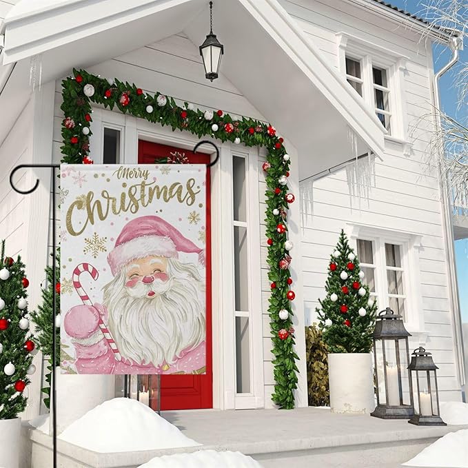 Pfrewn Christmas Winter House Flag 28x40 Double Sided Cute Sweet Santa Claus Golden Snowflakes Garden Yard Flags Welcome Winter Outdoor Indoor Banner for Party Home Merry Christmas Xmas Decorations
