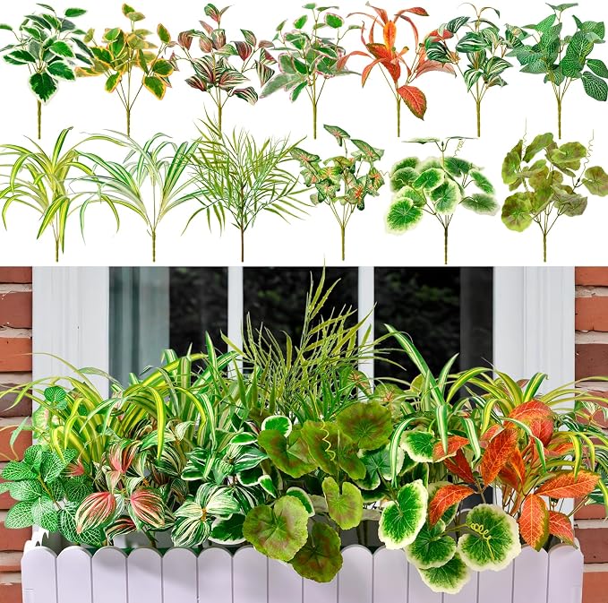 Artificial Plants Outdoor Greenery Stems, 20PCS Faux Greenery Bushes UV Resistant Plastic Shrubs with Real Touch Flexible Leaves, Fake Plants for Planter Garden Patio Porch Window Box Fence Yard Decor