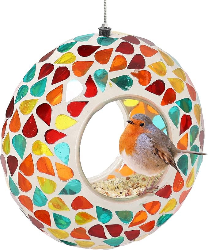 Sunnydaze 6-Inch Glass Mosaic Hanging Bird Feeder for Outdoors - Fly-Through Glass Bird Feeder for Cardinals, Jays, Finches and More - Confetti Mosaic