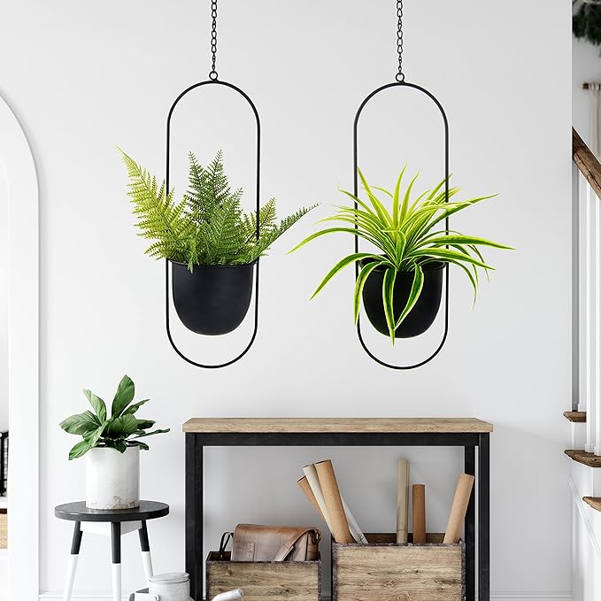 Modern Metal Hanging Planters with 6 Inch Pots and Sturdy Rods - Set of 2 Oval Geometric Plant Hangers - Black Wall and Ceiling Mount Flower Holders for Indoor and Houseplants