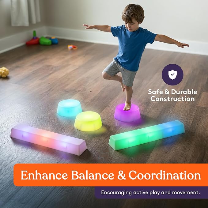 Special Supplies LED Stepping Stones for Kids -Light-Up Balance Blocks- Coordination & Balance for Toddlers & Children- Durable Non-Slip Rubber, Safe Indoor & Outdoor Play