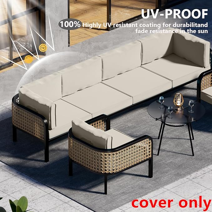 14 Piece Outdoor Patio Waterproof Cushion Covers, Fits 6-Seat Wicker Rattan Sectional Couch Chair Furniture Cover Replacement Set - Fade-Resistant Patio Cushion Covers with Zipper