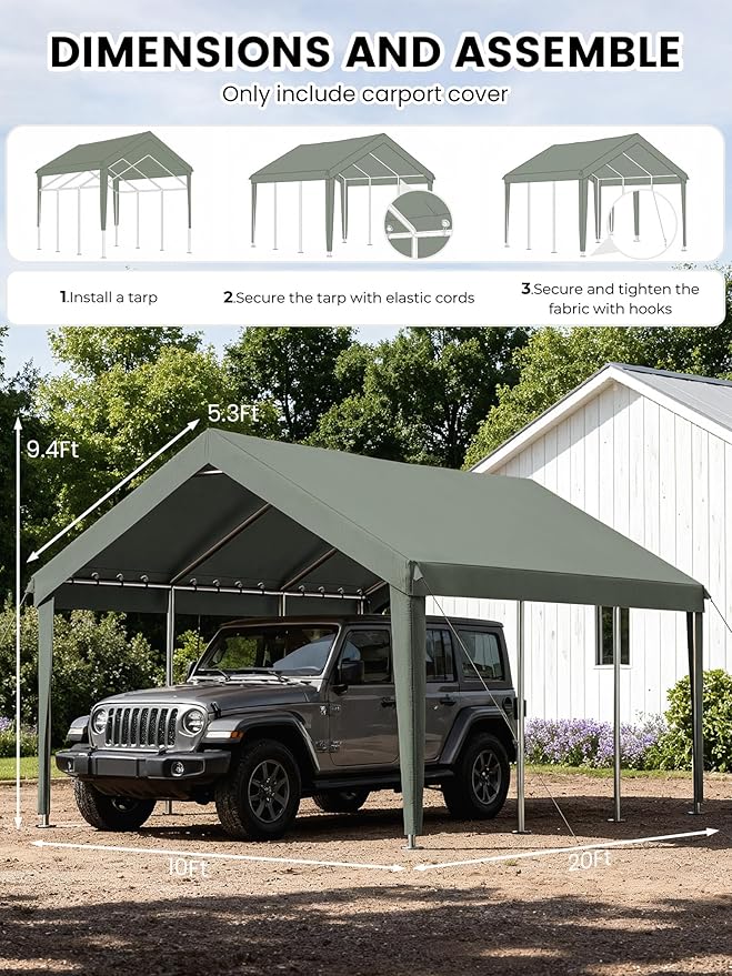 10 x 20 Ft Carport Replacement Cover, Heavy Duty Outdoor Car Tarp Canopy, Waterproof & UV Protected Tear Oxford Tarp with Ball Bungees (Frame is Not Included)