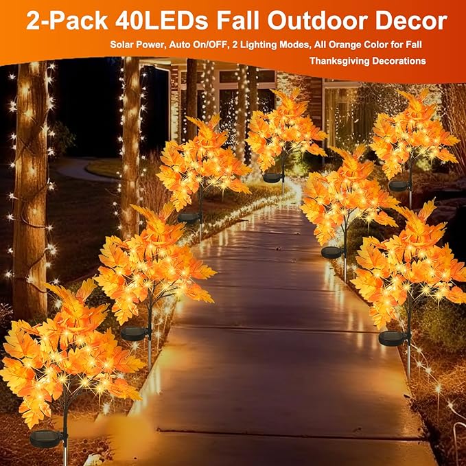2 Packs Solar Prelit Fall Tree Lights for Outdoor Thanksgiving Decorations, 2 Modes Thanksgiving Solar Lights, Waterproof Maple Tree Solar Fall Lights for Fall Yard Patio Garden