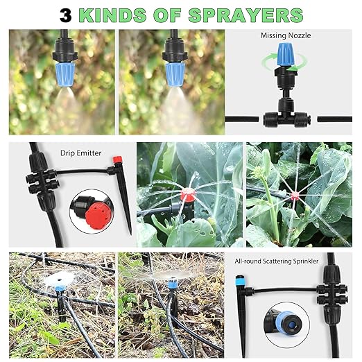 Drip Irrigation Kit – 2026 New Quick-Connect Micro Irrigation System with 46FT 1/2'' Tubing, Locking Nozzle Emitters, Adjustable Misting Sprayers for Gardens, Lawns, Raised Beds and Greenhouses
