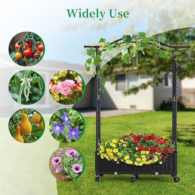 FOLLOOK Planter Box with Trellis Outdoor, 57in Plastic Raised Garden Bed with Trellis Hanging Roof for Vine Flower, with Lockable Wheels & Drain Plug for Patio Backyard Balcony, Black, 1 Pc