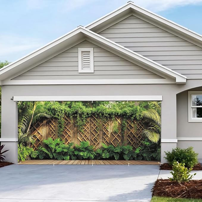 7 * 16FT Summer Spring Fence Garage Door Cover Decorations Sunset Palm Trees Garage Door Banner for Outdoor Indoor Summer Party Photography Backdrop