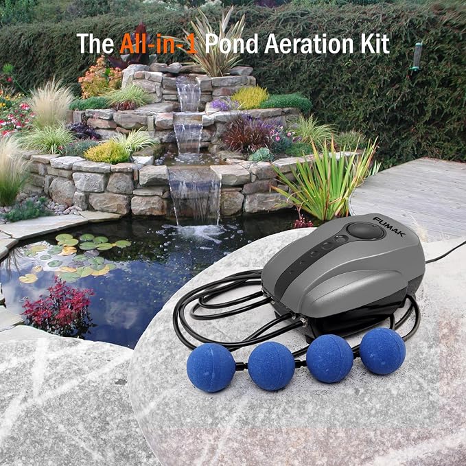 All-in-One Pond Aerator for Outdoor Ponds, Flow Adjustable Pond Air Pump Aeration Kit with Airline Tubing Air Stones Check Valves