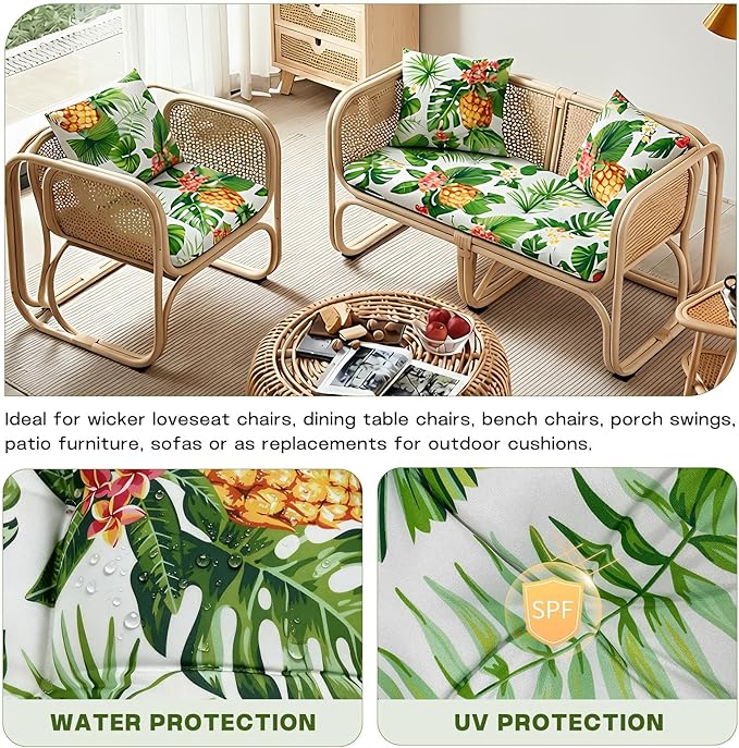 Wicker Chair Cushions Set, 2 U-Shaped Cushions & 1 Loveseat, Waterproof Outdoor Loveseat Cushion for Patio Furniture, Settee Bench Pad All Weather,Pineapple