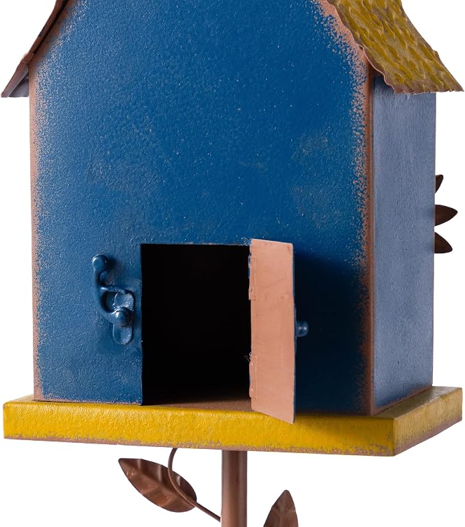 Glitzhome 52.5" Blue Metal Birdhouse Outdoor with Stake, Sunflower Accents Decorative Standing Bird House for Garden, Farmhouse Iron Nesting Box with Vine Details