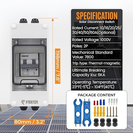 Solar Panels Disconnect Switch 30A 1000VDC PV Shut Off Switch Outdoor Circuit Breaker Box IP65 Waterproof UV-Proof