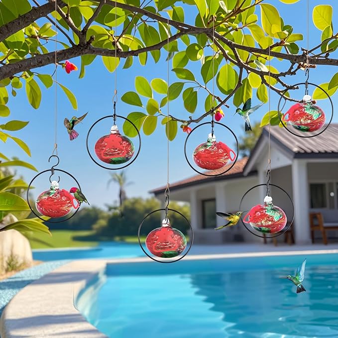 Headak Life Flexible 6 Pack Hummingbird feeders for Outdoors Hanging Ant and Bee Proof,Detachable Hand Blown Glass Hummingbird Feeder with 6 Adjustable Silicone Perch(Red)