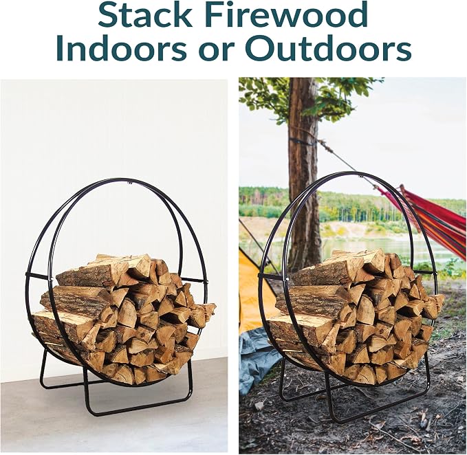 Sunnydaze 48-Inch Outdoor Firewood Rack Hoop - Indoor Round Tubular Steel Fireplace Wood Holder - 700-lb Capacity