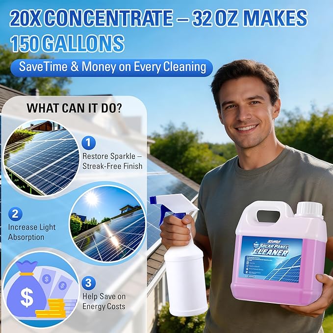Solar Panel Cleaner 32oz (20X Concentrate, Makes 150 Gallons), Solar Panel Cleaning Fast Evaporating Formula, Includes 500ml Dilution Spray Bottle (Bottle Only), Multi Surface Use