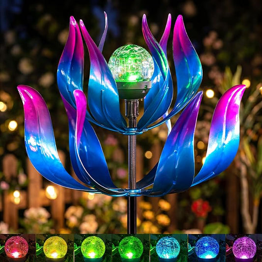 61'' Solar Wind Spinners for Yard and Garden - Large Metal Kinetic with Solar Powered LED Crackle Glass Globe, Vibrant Blue & Purple Gradient Lotus Flower Yard Art for Outdoor, Patio, Lawn Decor