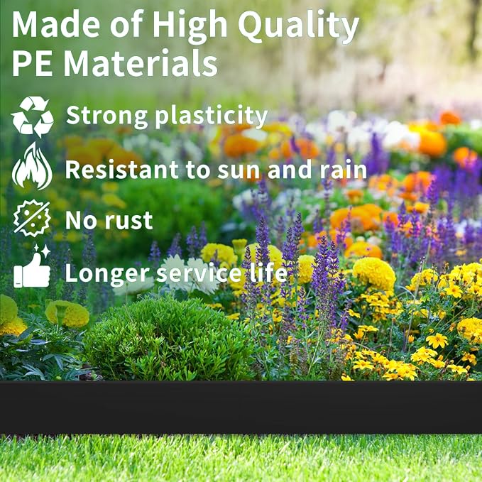 1.5 in x 66 Ft Garden Landscape Edging, No Dig Garden Edging Border Kit with 121 Pcs Spikes for Flower Bed Lawn Yard Grass Black