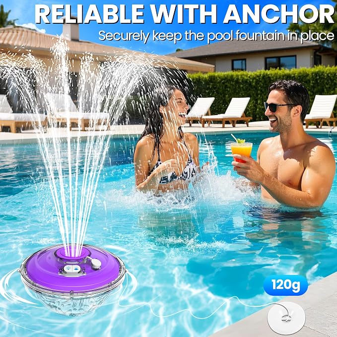AearKing Upgraded Floating Pool Fountain, Pool Fountain with Lights, Above Ground Pool Water Fountains Pump with Anchor and Rope, Swimming Pool Fountains for Inground Pools-Purple-1pk