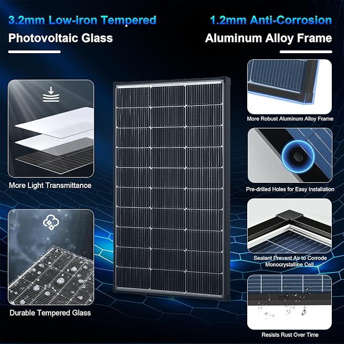 100W Solar Panel Bifacial 12v N-Type 16BB Solar Panel IP68 Waterproof PV Module 25.6% high Efficiency, Solar Panels 100w for Rooftop RV Farm Trailer Marine Home Off-Grid System