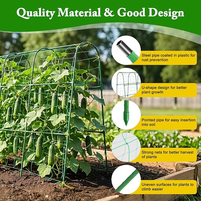 Cucumber Trellis for Climbing Plants Outdoors, U-Shape Garden Trellis for Raised Bed with Netting, Plant Support Structures for Vegetables, Grape, Bean, Tomato, Vines, 48 * 46 inch, Green